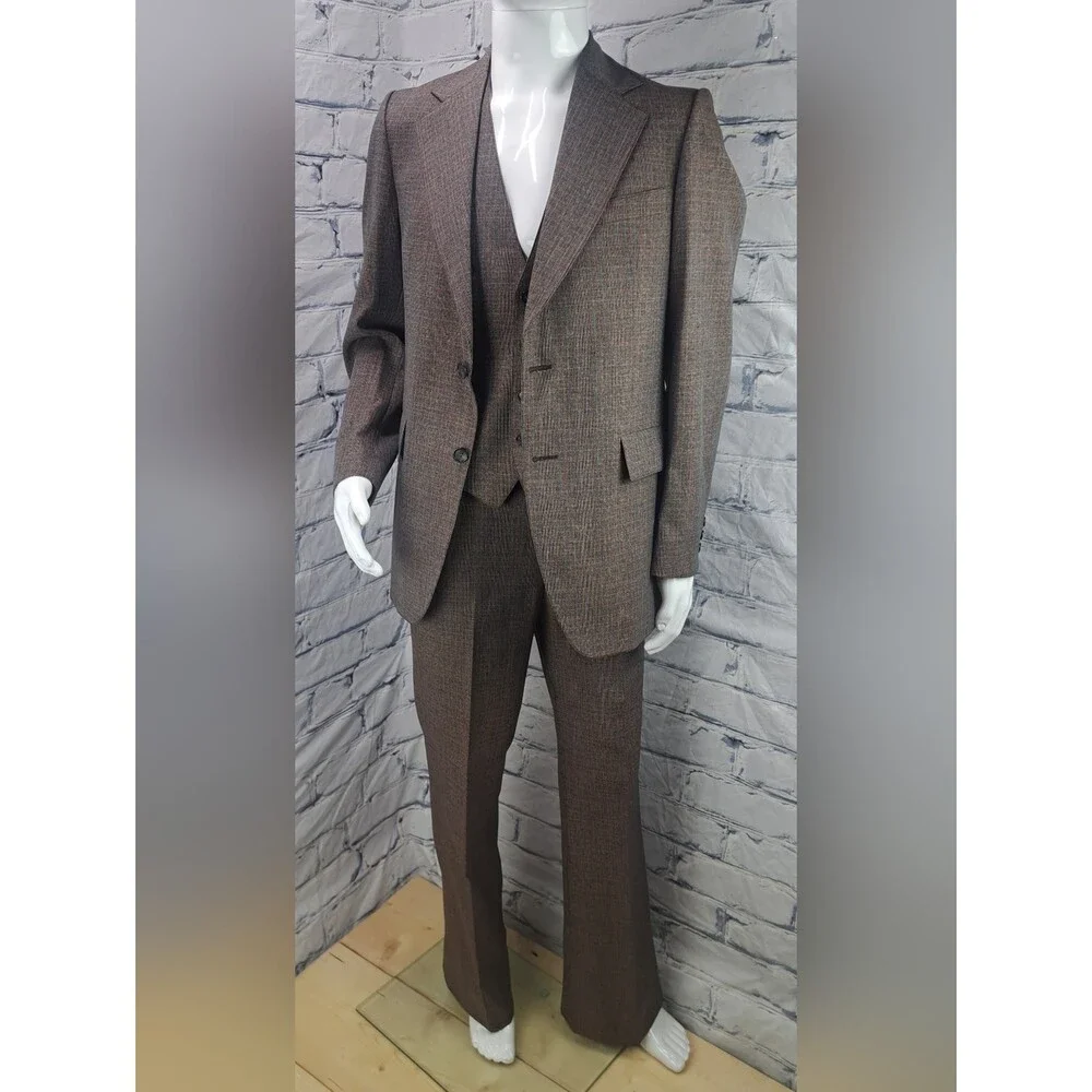 Vintage 70s 80s Men's 3 Piece Suit Brown Check Canvassed Flare Leg 40L 38L 34W